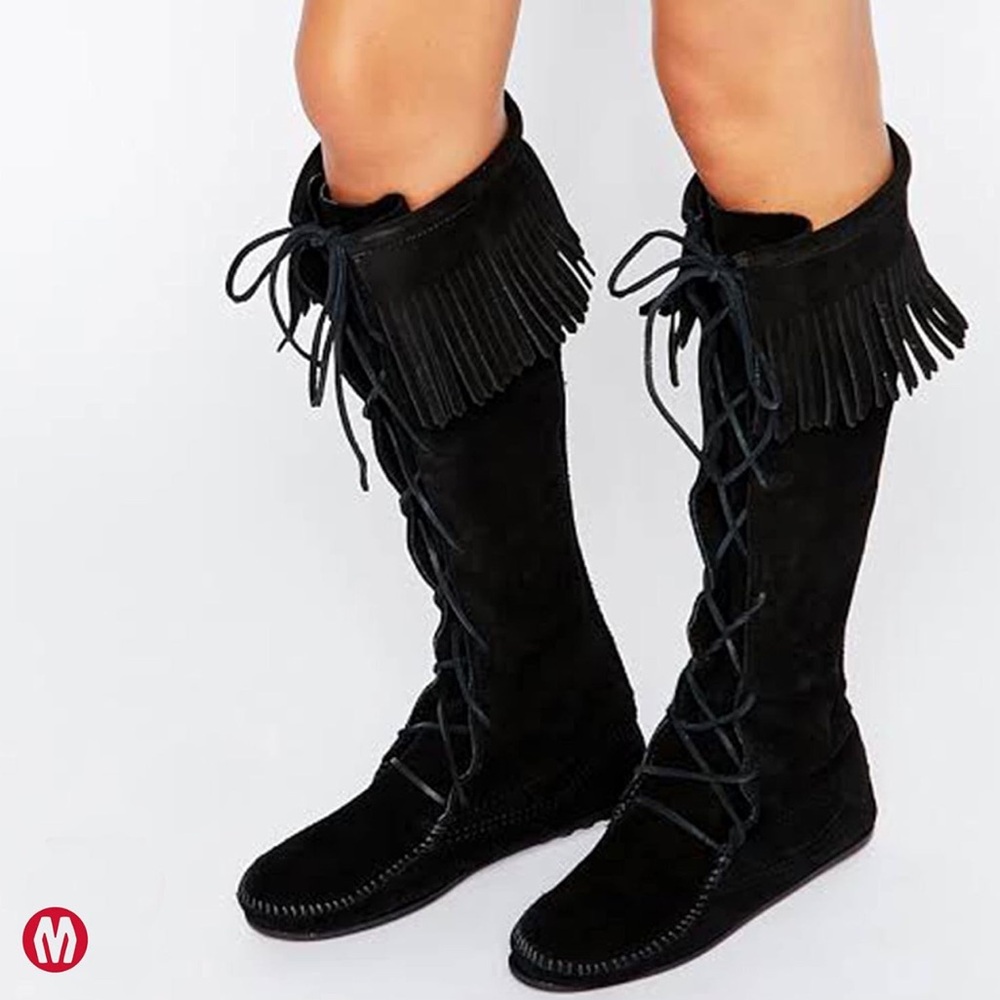 Minnetonka Front Lace Knee High Fringe Boot Moccasins Black‎ - Festival Bohemian